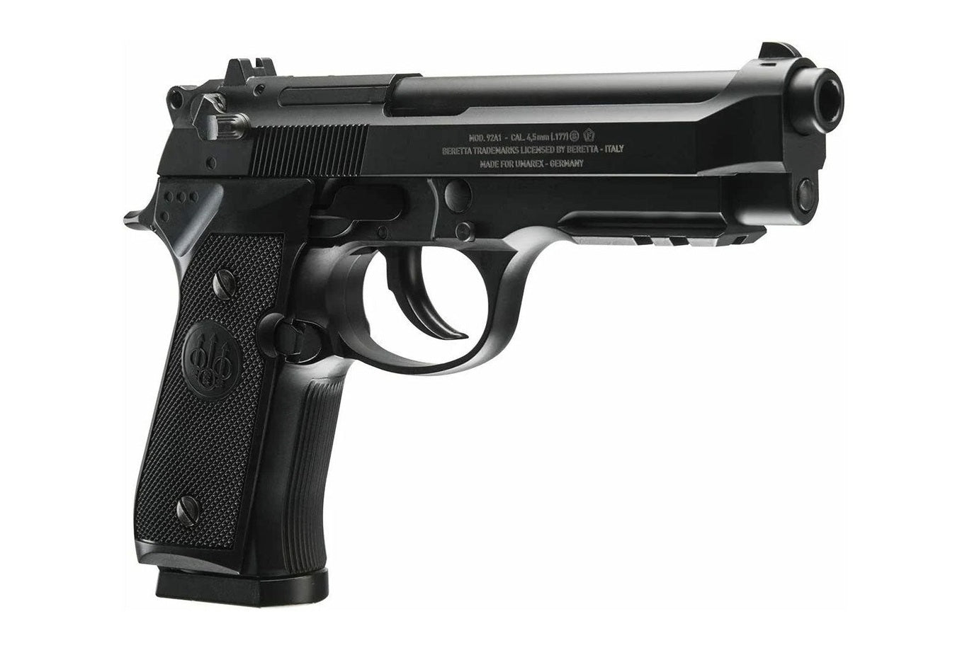 Black Beretta M92 A1 BB gun replica with authentic Beretta trademarks