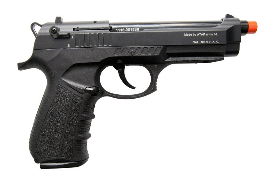 Black Zoraki 918 front firing blank gun with textured grip and modern tactical styling