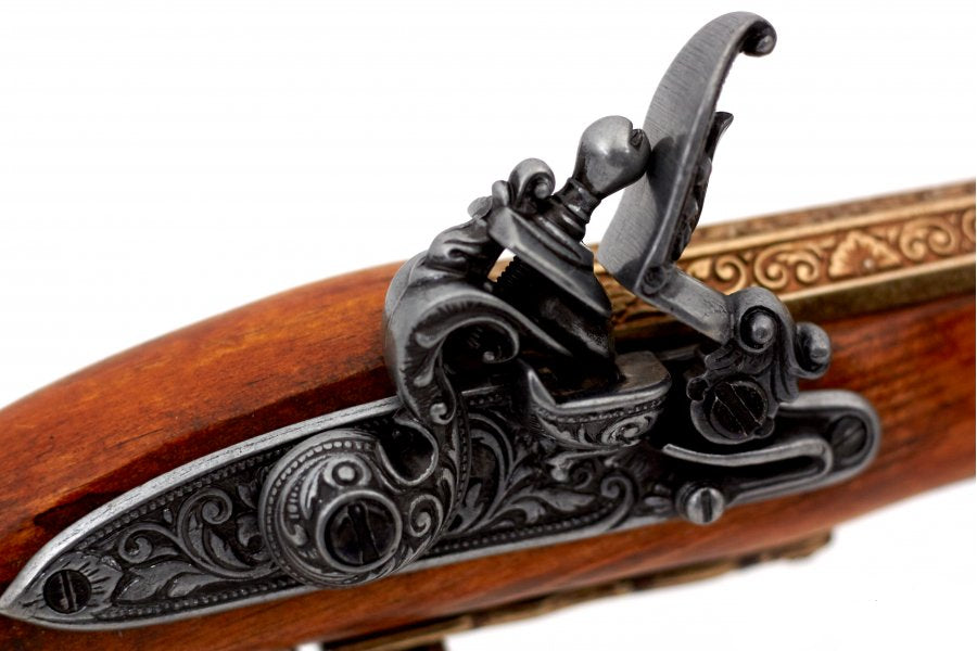 Brass trim flintlock pistol deluxe replica with antique finish