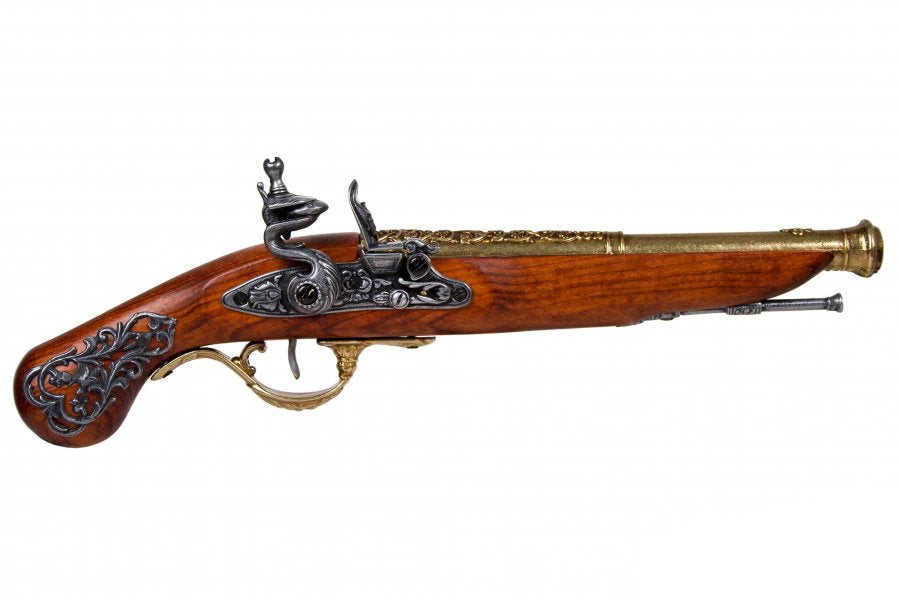 Colonial engraved British flintlock pistol replica with antique brass finish non firing collectible display weapon