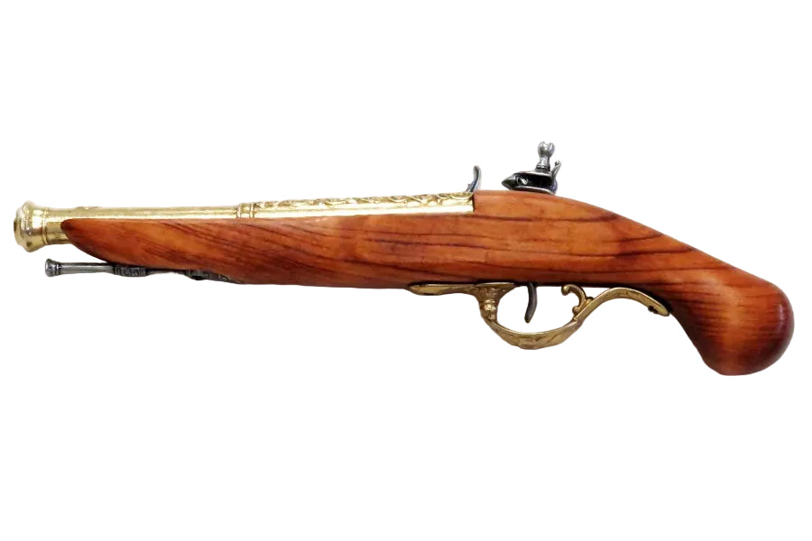 Right side view of colonial engraved British flintlock pistol replica featuring ornate brass finish and wood grip