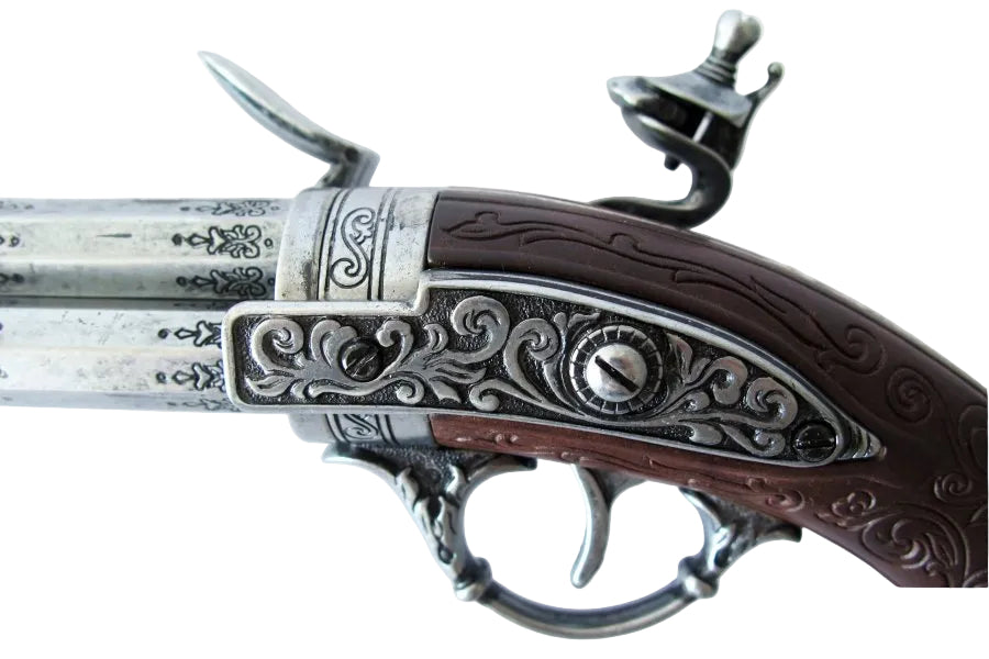 Colonial era inspired 3 barrel flintlock pistol replica with detailed antique gray finish