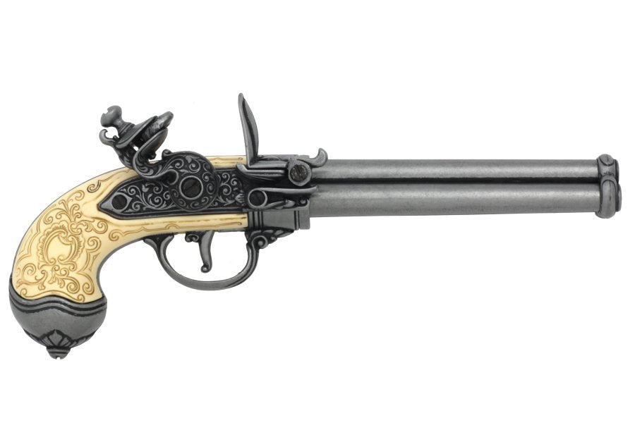 Italian three barrel flintlock pistol replica with engraved metal finish