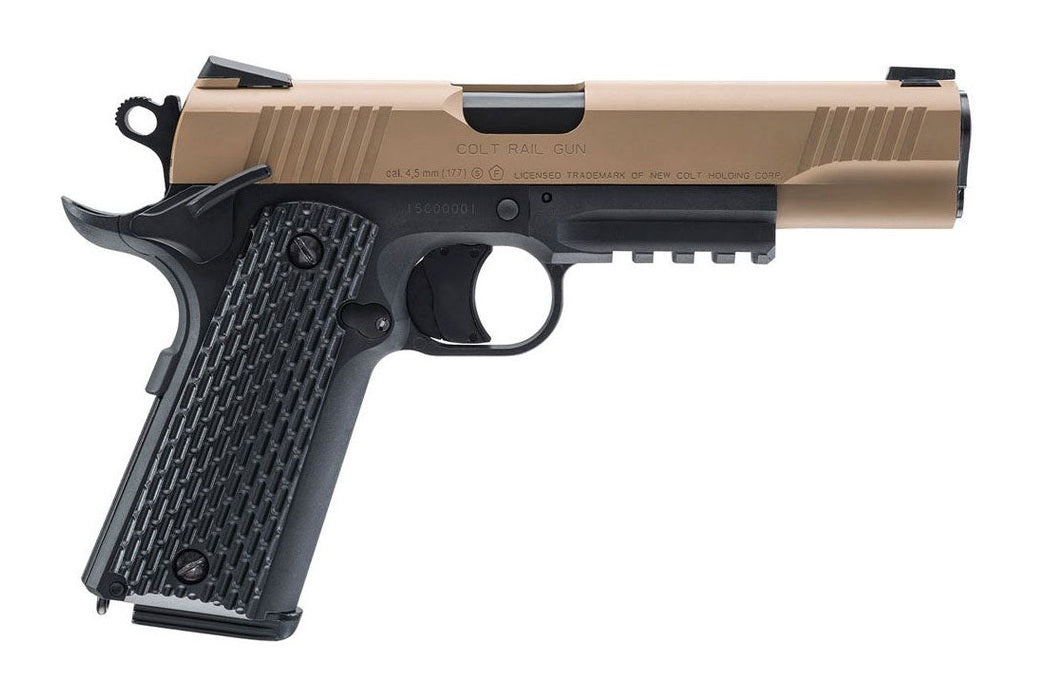 Colt M45 CQBP BB pistol powered by CO2 with blowback action and detailed construction