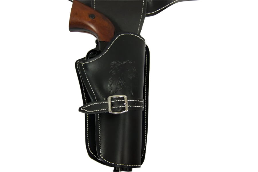 Black leather gun holster with a silver buckle on a white background, featuring the Denix brand.