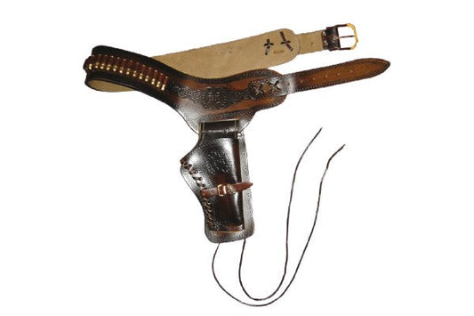 Cowboy holster with belt and gun on a white background