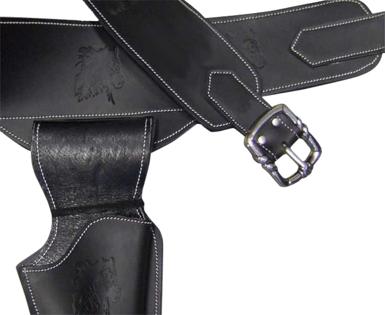 Black leather belt with silver buckle on a white background