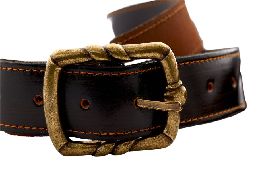 Brown leather belt with a gold buckle on a white background, featuring the Denix brand.