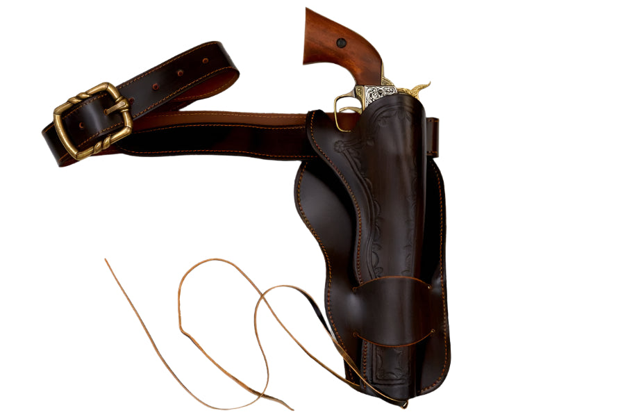 Brown leather holster with gun and belt on a white background, featuring Denix branding.