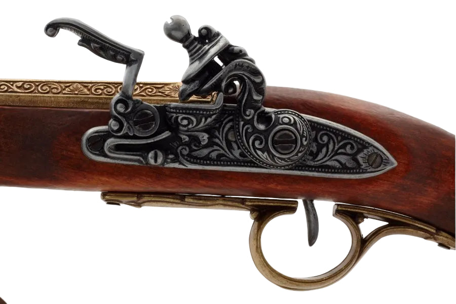 Detailed view of left handed flintlock pistol replica lock mechanism with authentic Napoleonic era styling