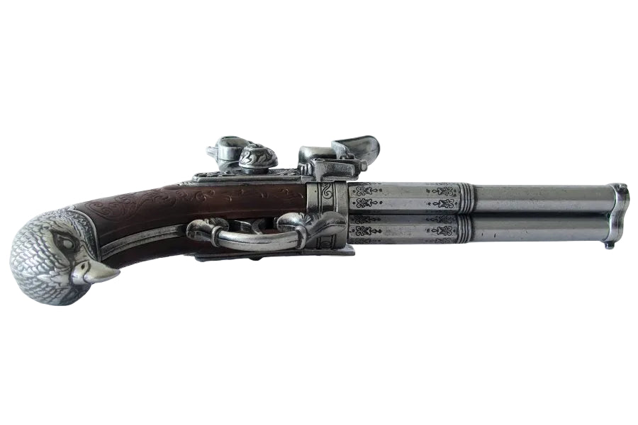 Collector grade decorative triple barrel flintlock pistol with wood handle and antique finish