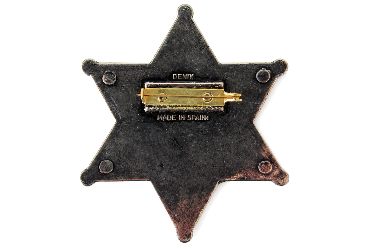 Denix 101 sheriff star badge in nickel, full rear view with brass needle pin and Denix mark