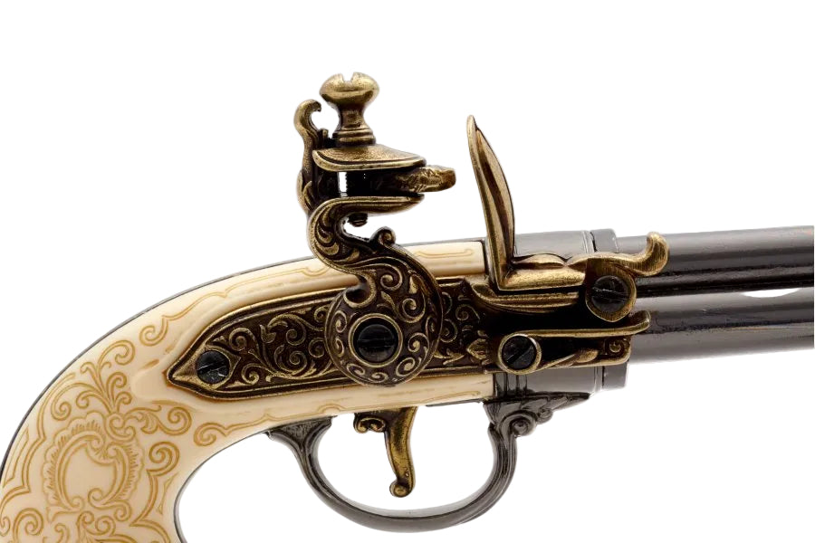 Close up detail of Denix 1016-L flintlock pistol replica showing hammer and trigger