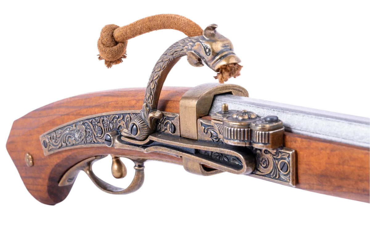 Denix 1021 Japanese matchlock pistol with brass and gray finish, matchlock action detail