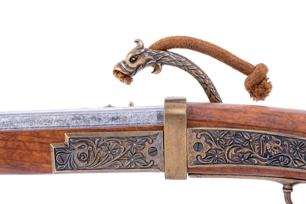 Denix 1021 Japanese matchlock pistol opposite-side wood stock, brass engraving, and serpentine detail