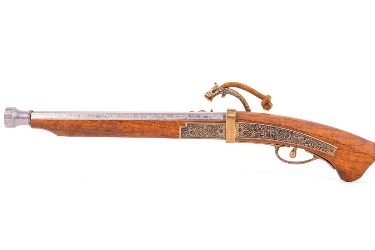 Denix 1021 Japanese matchlock pistol in brass, gray metal, and wood, full right-side profile