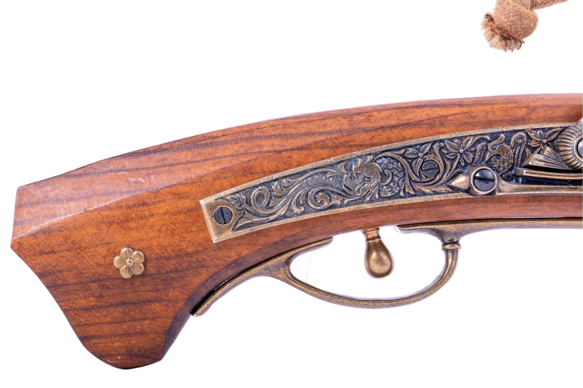 Denix 1021 Japanese matchlock pistol with ornate wood stock and brass trigger detail