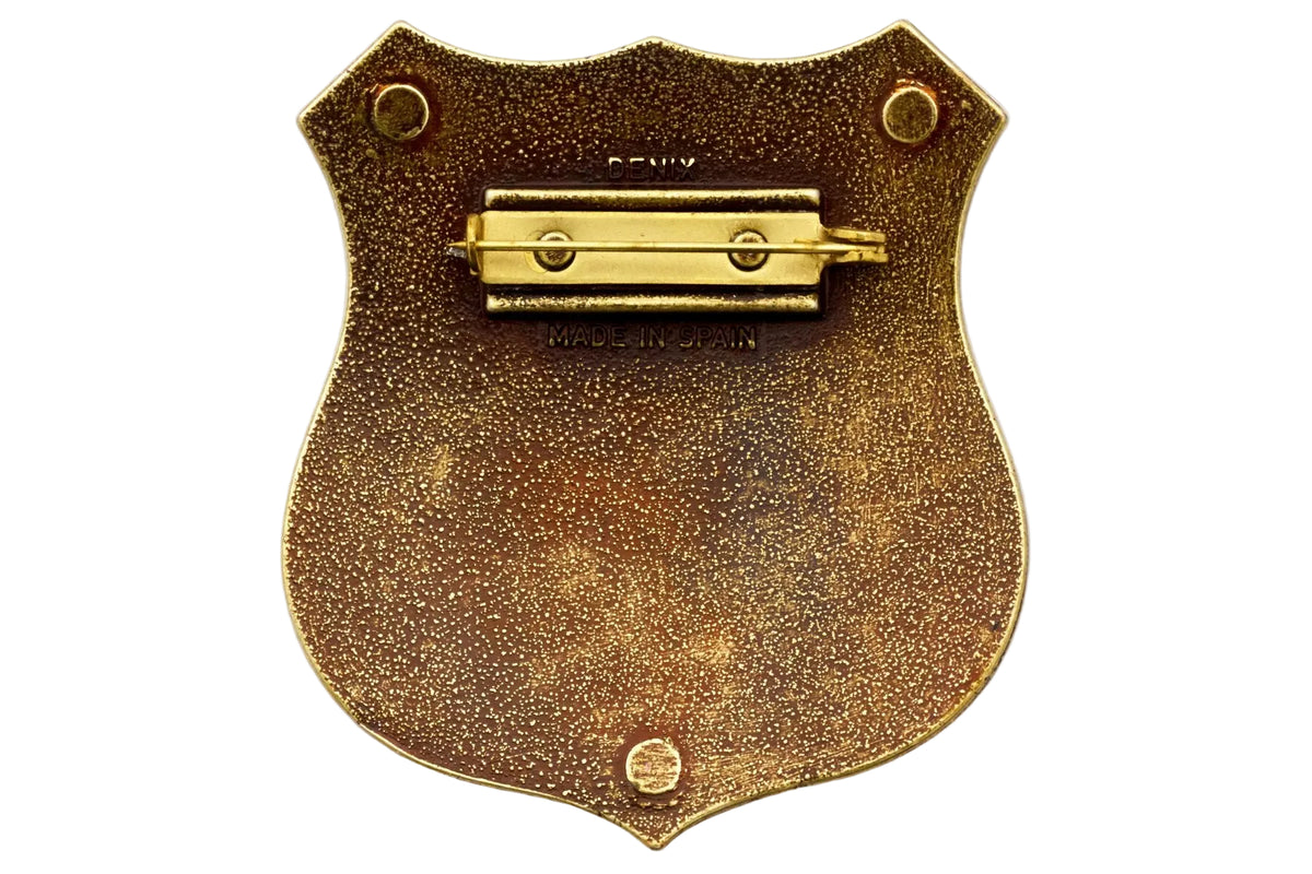 Denix 103 U.S. Marshal badge in antiqued brass, full rear view with closed pin