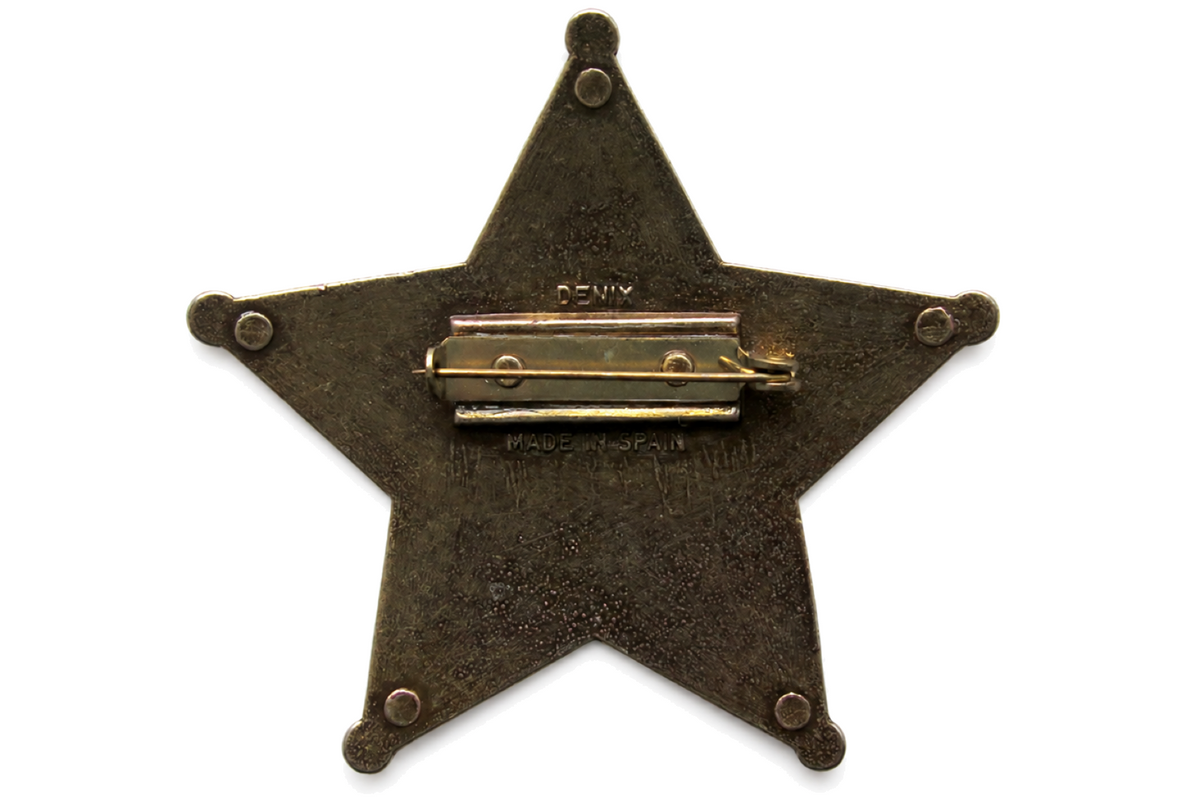Denix 104 Lincoln County sheriff badge in antiqued brass, full rear view with needle pin and Denix markings