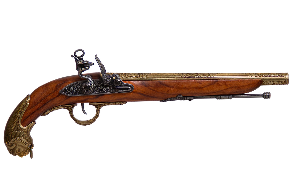 Denix 1043/L German 18th-century flintlock pistol in brass-and-gray finish, left profile