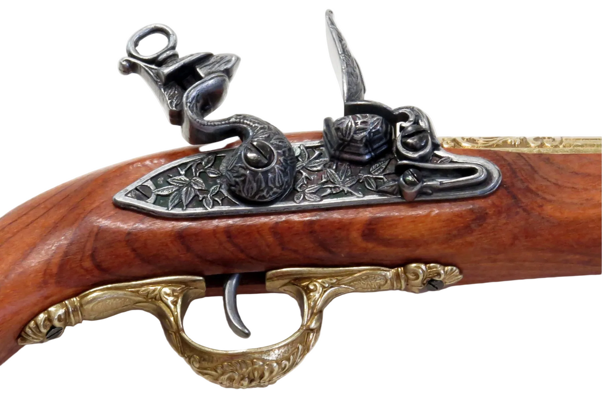 Denix 1043/L German flintlock pistol simulated lock, hammer, trigger, and wood stock detail