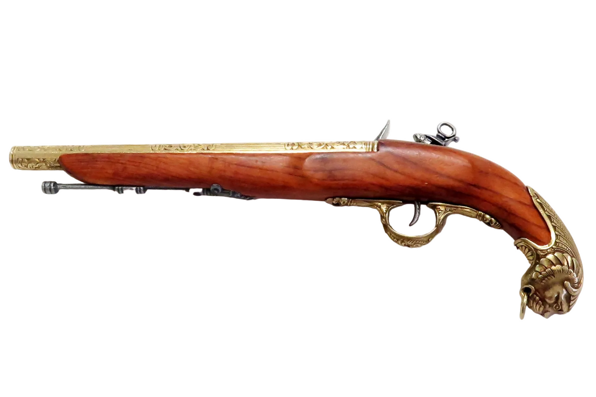 Denix 1043/L German flintlock pistol with wood stock and brass barrel, reverse side view