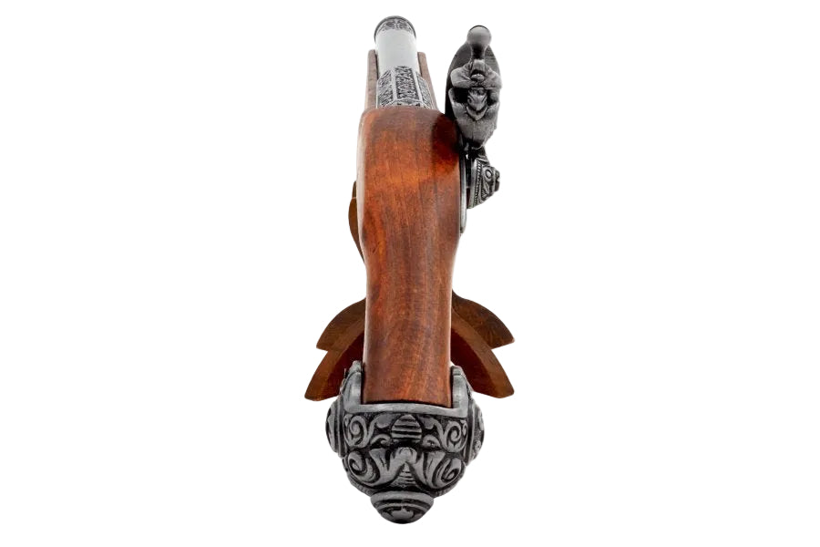 Wood grip and trigger guard detail on Denix 1077G flintlock pistol replica