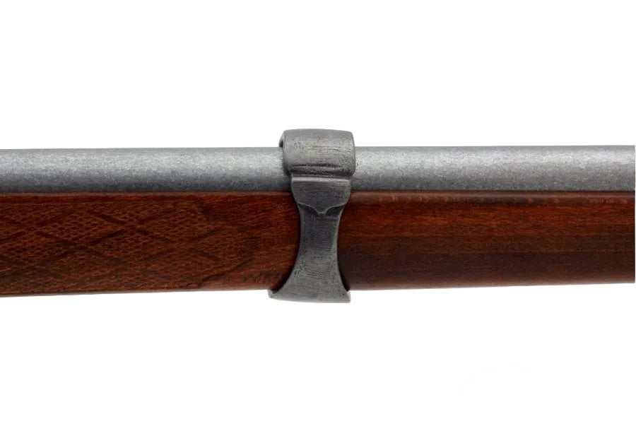 Close-up of a rifle stock with a silver band on a white background, featuring the Denix brand.