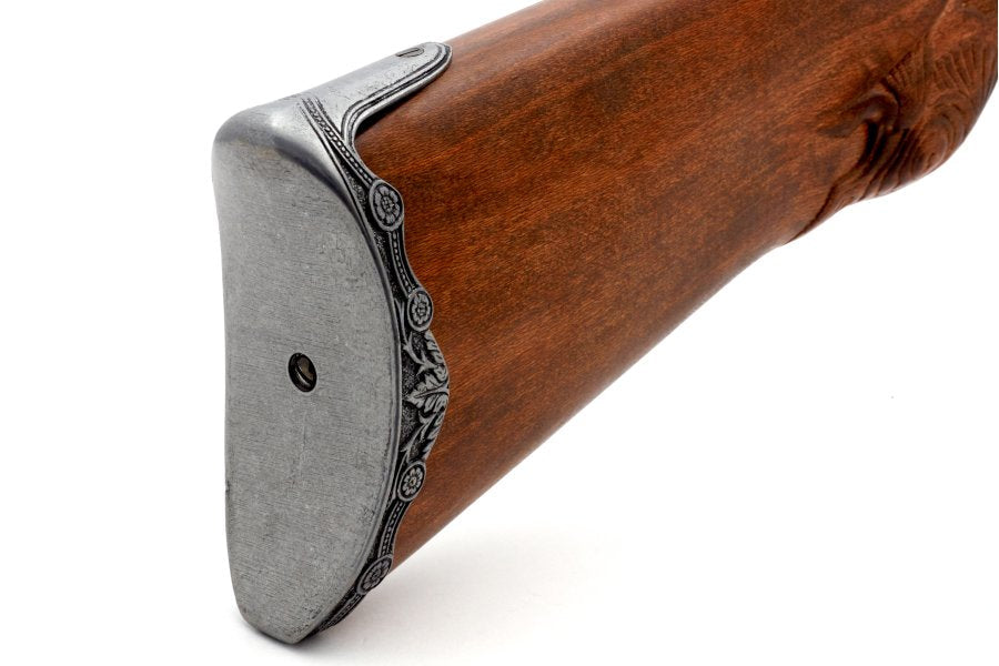 Close up detail of Denix 1080-G flintlock rifle replica showing lock mechanism and stock