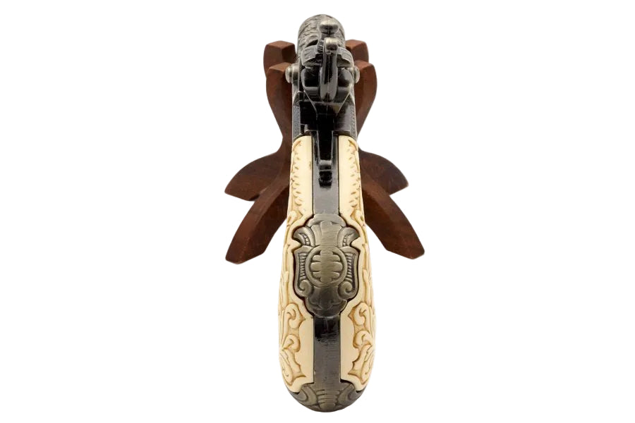 Grip and trigger guard detail on Denix 1098L flintlock pocket pistol replica