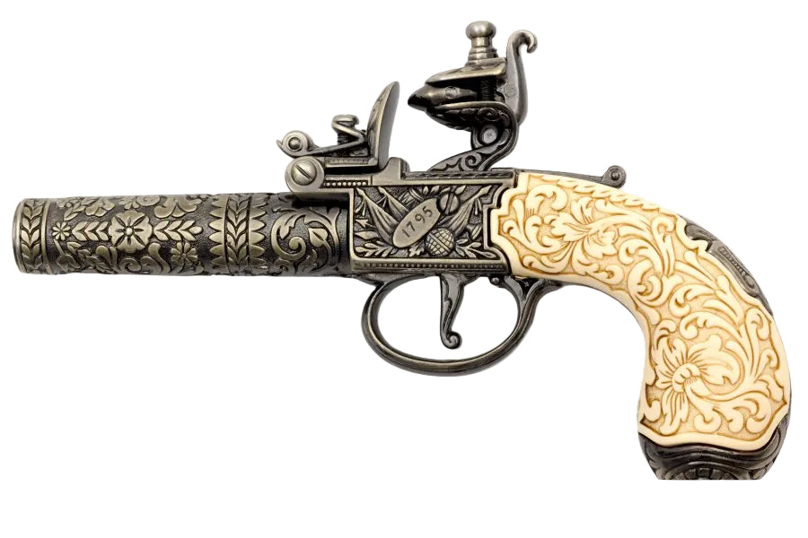 Right side view of Denix 1098L London flintlock pocket pistol replica