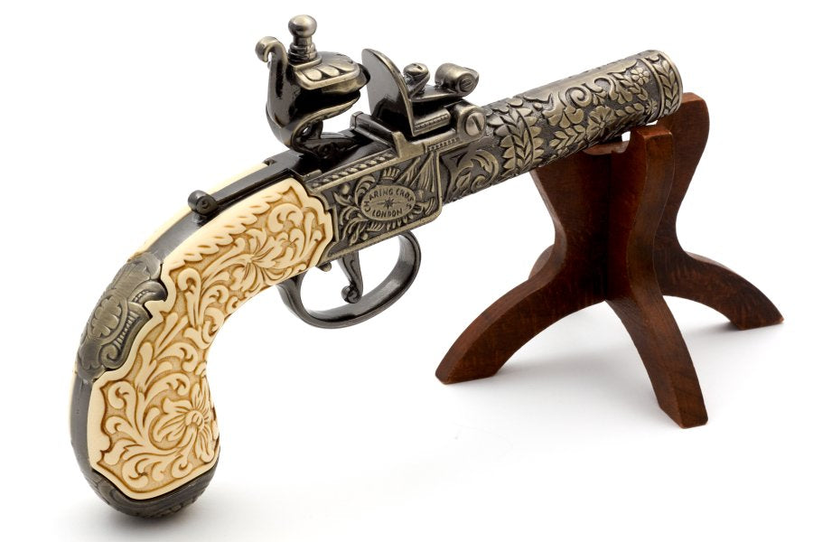 Angled view of Denix 1098L London flintlock pocket pistol replica