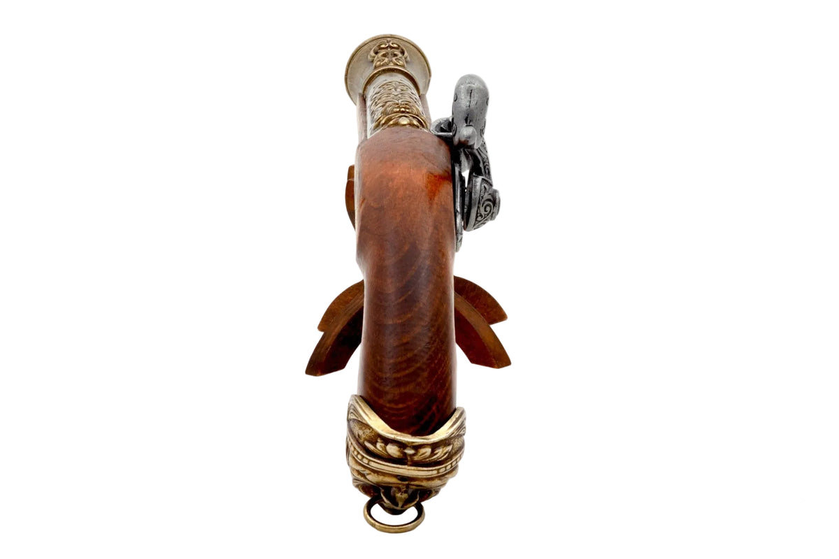 Denix 1104/L Italian pirate blunderbuss pistol, grip-end view with lion butt cap