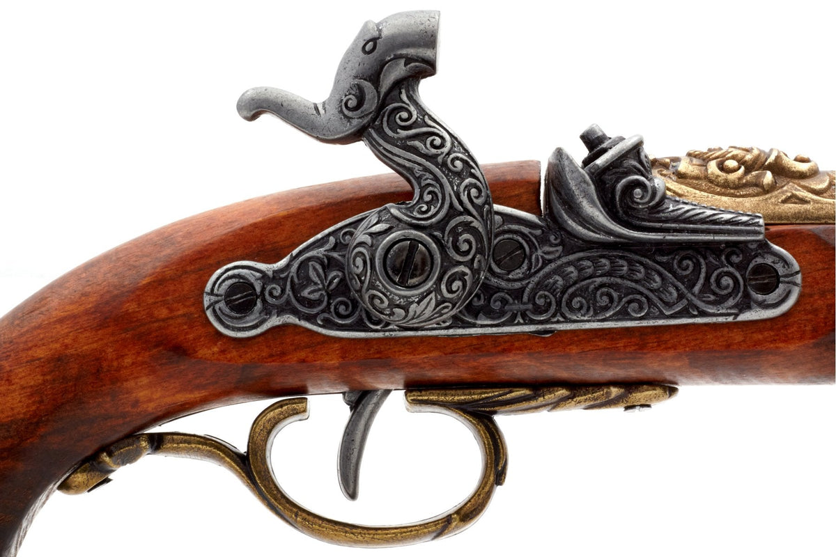 Denix 1104/L brass-finish pirate blunderbuss pistol, ornate lock with hammer cocked