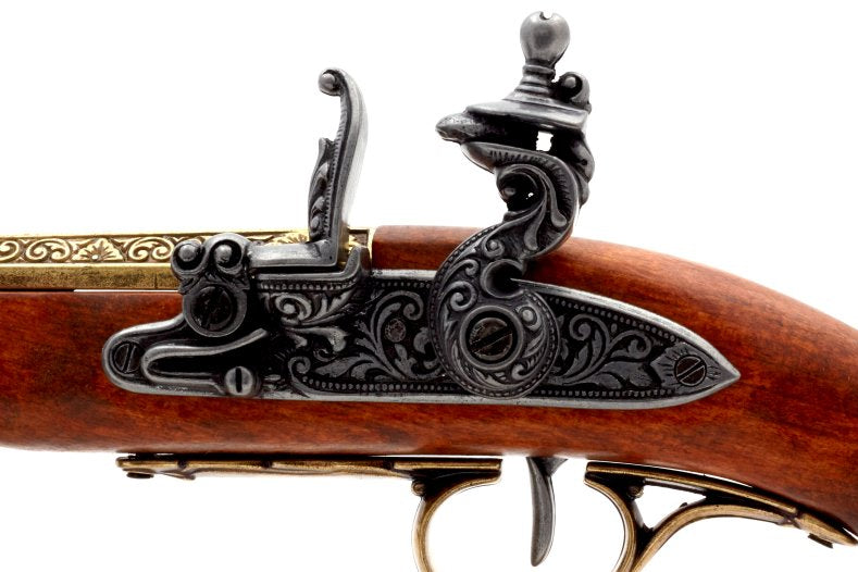 Denix 1129 L flintlock pistol trigger and hammer mechanism close up detail