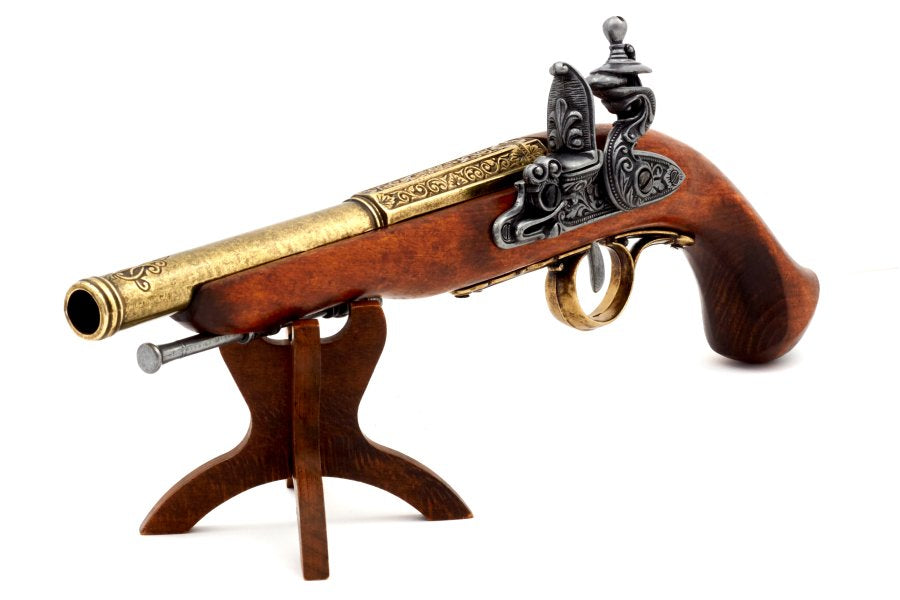 Denix 1129 L left handed English flintlock pistol angled perspective full profile