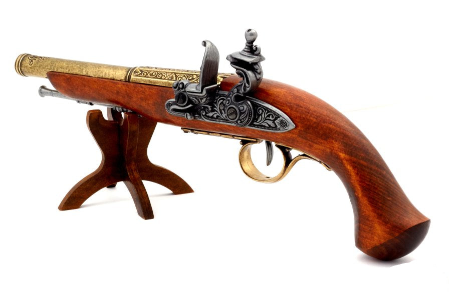 Denix 1129 L left handed flintlock pistol displayed as historical collector replica