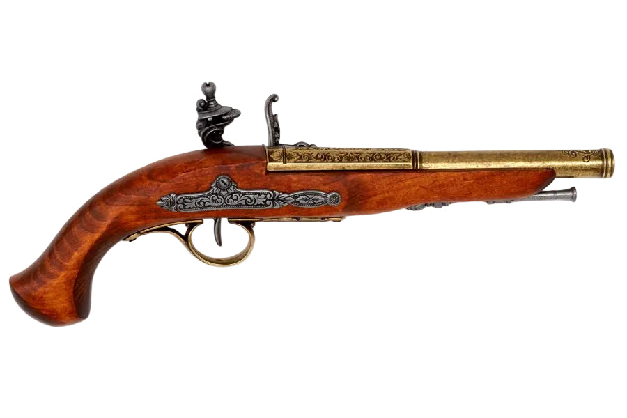 Denix 1129 L left handed flintlock pistol showing left side lock mechanism detail