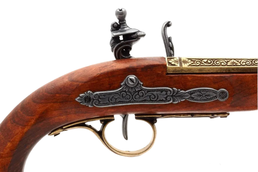 Denix 1129 L left handed flintlock pistol displayed as historical collector replica