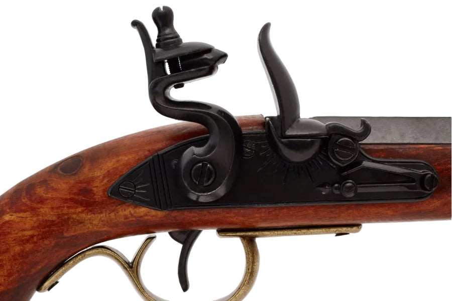 Detail of Denix 1136-L flintlock Kentucky pistol replica mechanism and finish