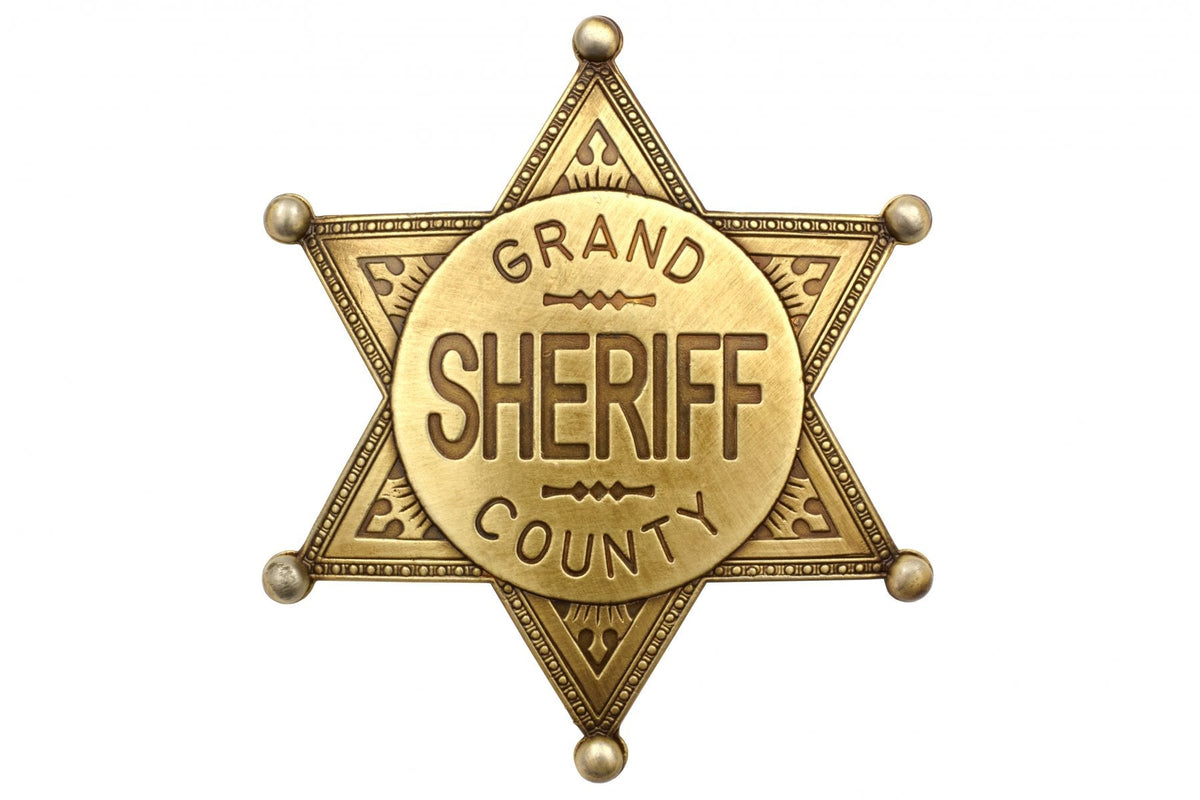 Denix 113L Grand County sheriff badge in brass, full six-point front view