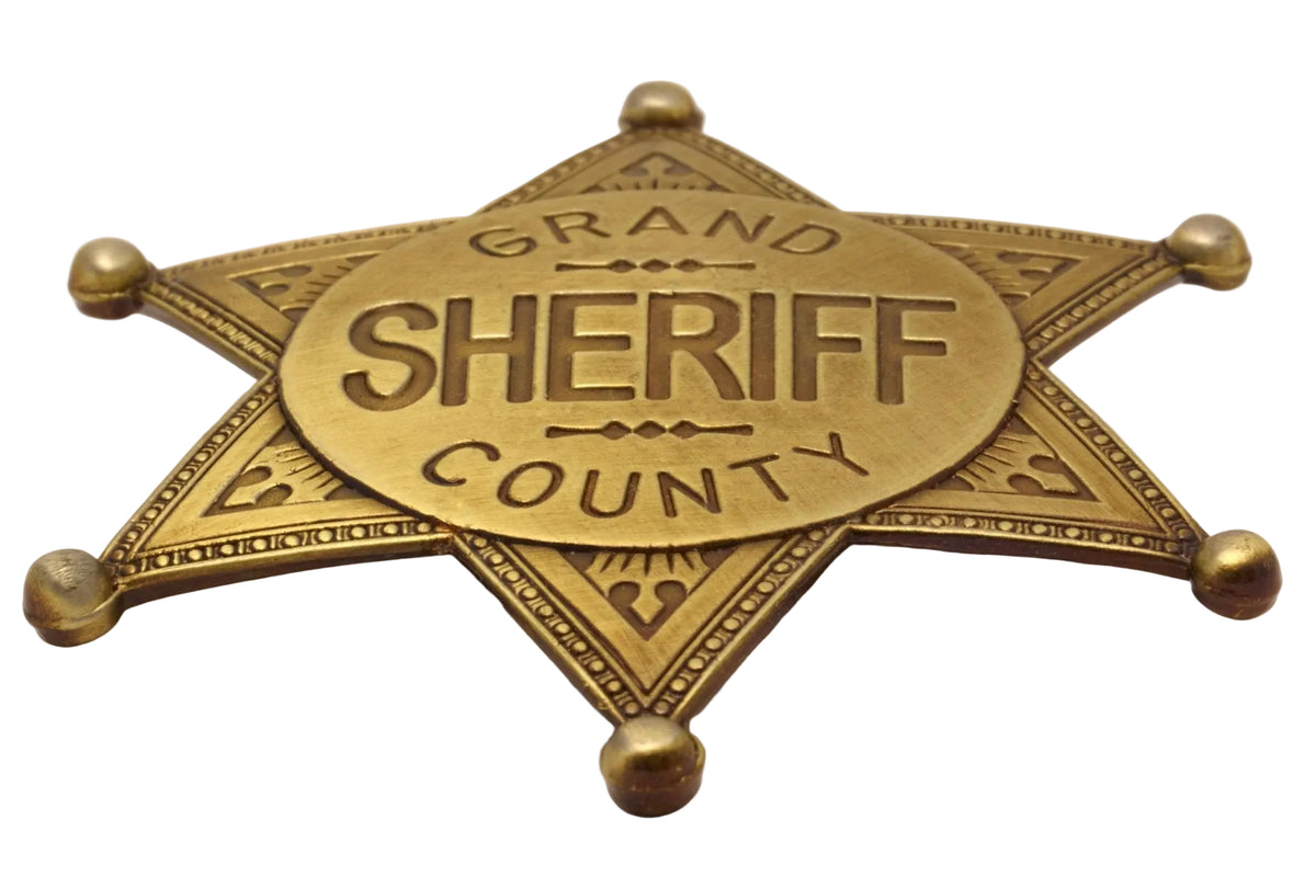 Denix 113L Grand County sheriff badge in brass, low-angle front view