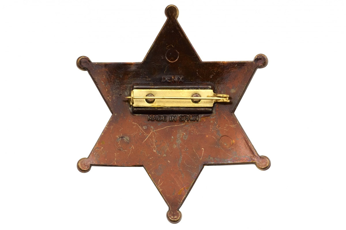Denix 113L Grand County sheriff badge in brass, rear view with needle pin and clasp