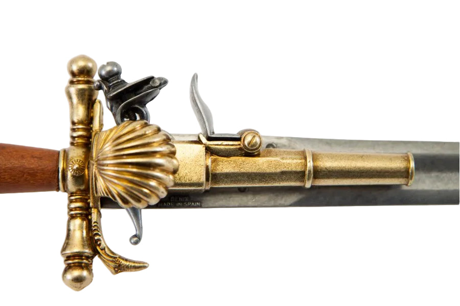 Brass guard detail on Denix 1204 flintlock pistol dagger replica