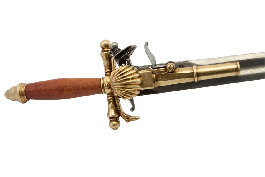Close up of the flintlock mechanism on Denix 1204 pistol dagger replica