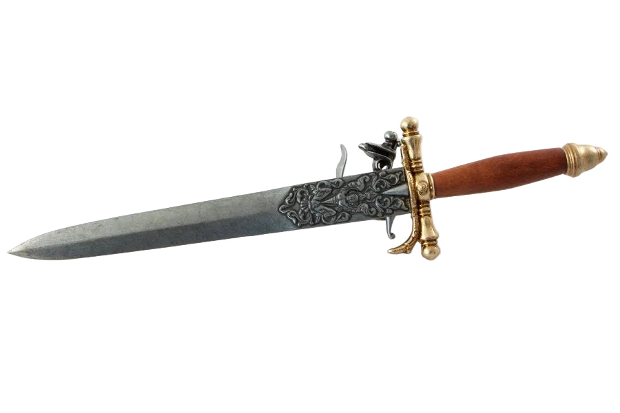 Side view of Denix 1204 pirate flintlock pistol dagger replica with brass guard
