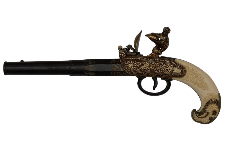 Side view of Denix 1238 Russian flintlock pistol replica from the 18th century