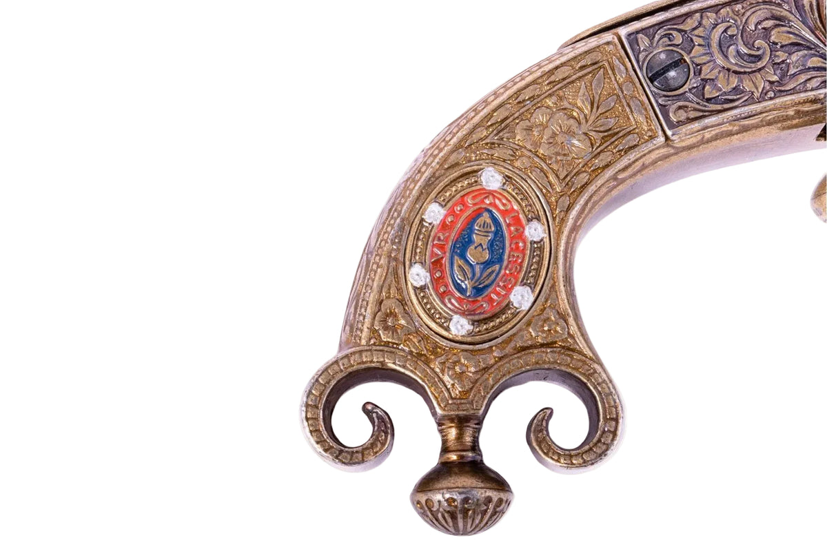Denix 1246 Scottish flintlock pistol ornate grip and colored crest detail