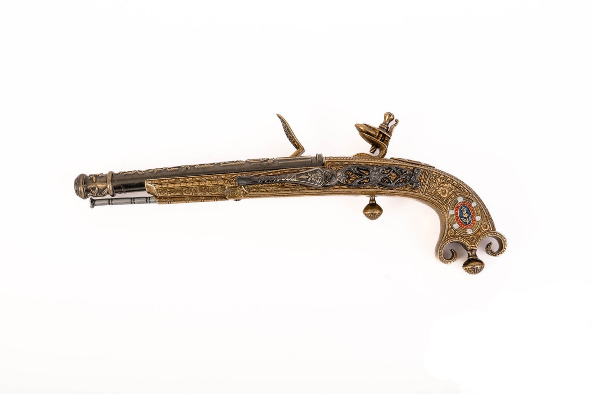 Denix 1246 Scottish 1760 flintlock pistol with belt hook, left profile