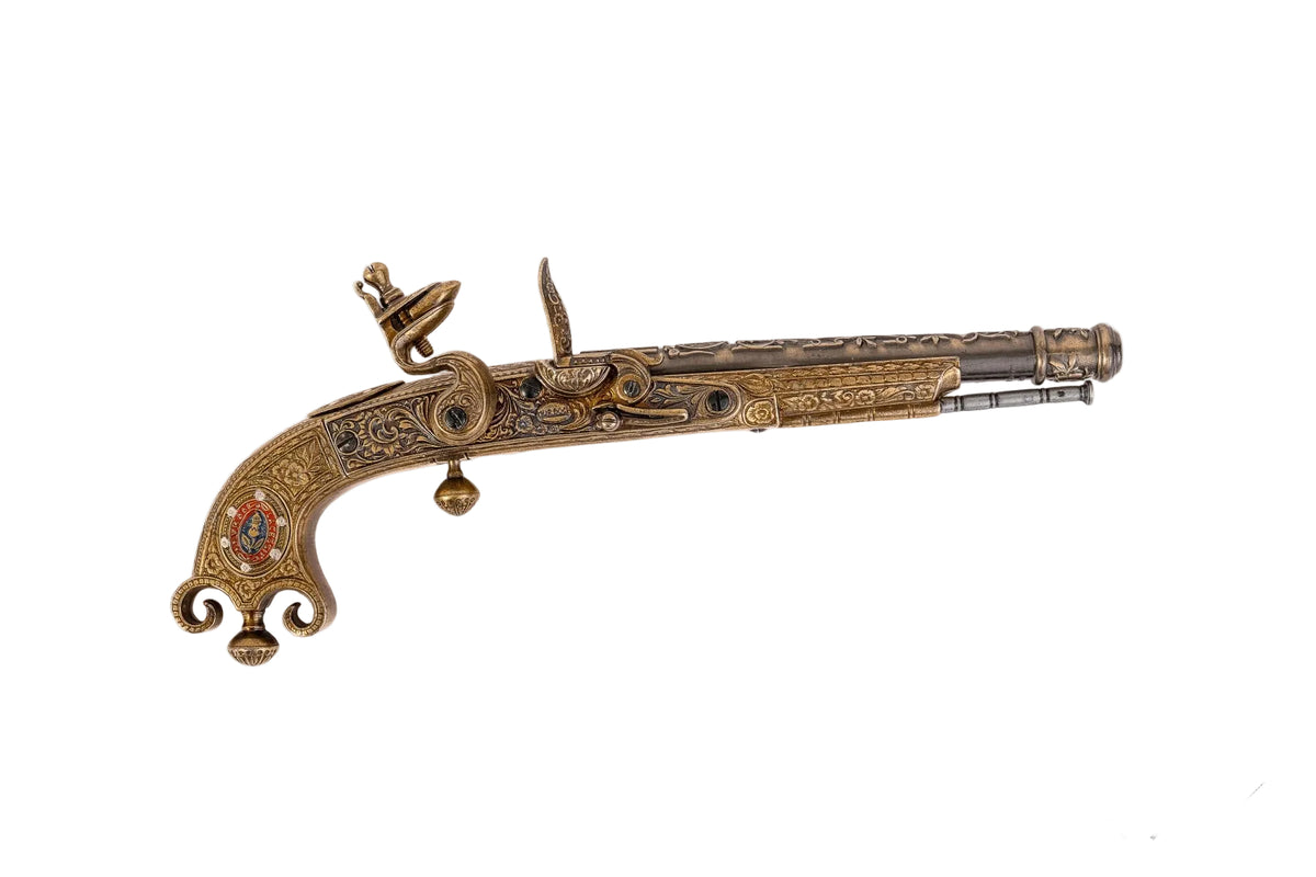 Denix 1246 Scottish 1760 flintlock pistol with ornate metal finish, right profile